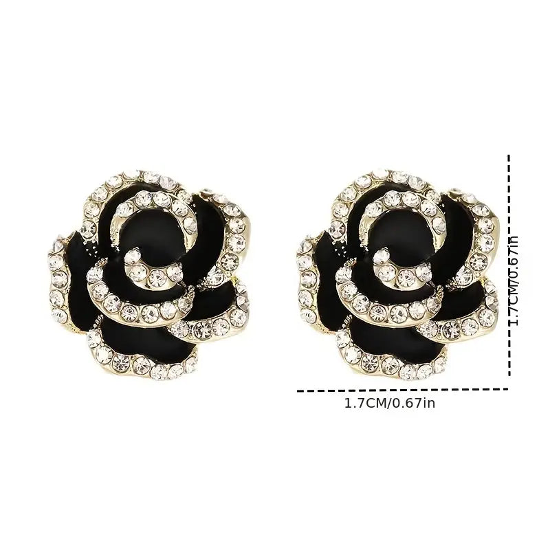 1 Pair Elegant Vintage Black Camellia Stud Earrings with Rhinestones TO1192