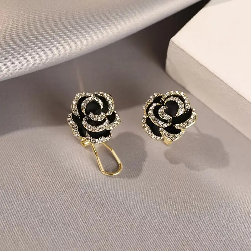 1 Pair Elegant Vintage Black Camellia Stud Earrings with Rhinestones TO1192
