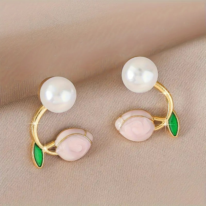 1 Pair Light Luxury Niche Design Tulip Flower Imitation Pearl