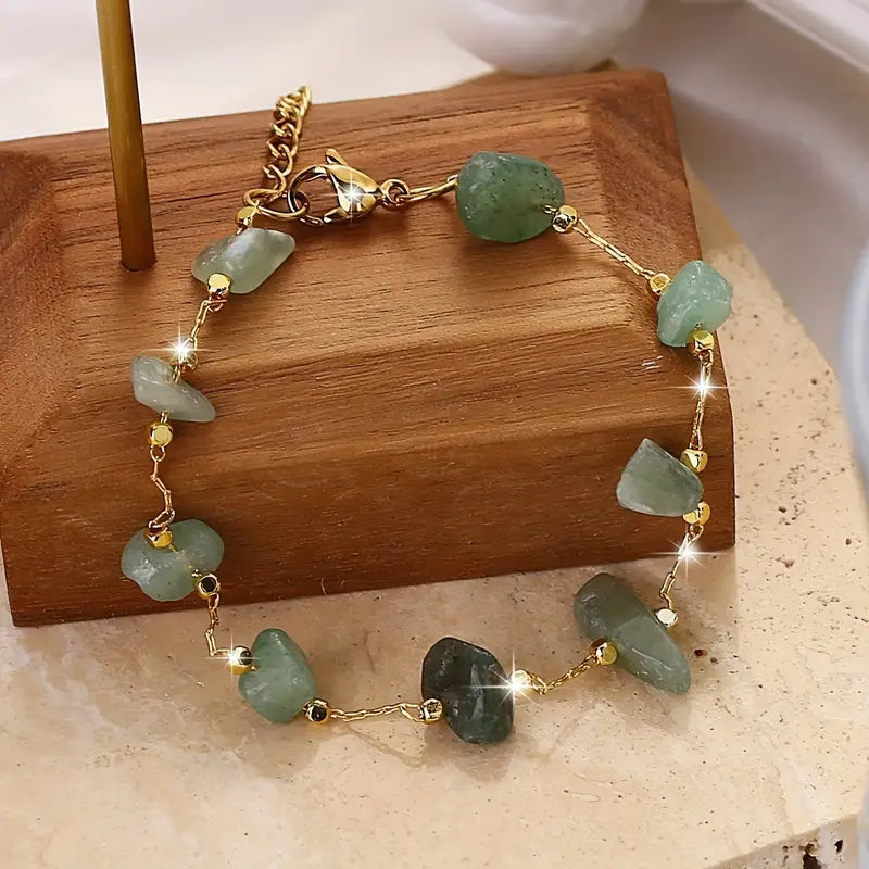 1pc Delicate Green Natural Chip Stone Beads Thin Chain Bohemian Style Handcrafted Chain Bracelet