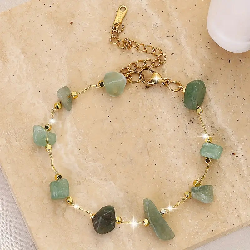 1pc Delicate Green Natural Chip Stone Beads Thin Chain Bohemian Style Handcrafted Chain Bracelet