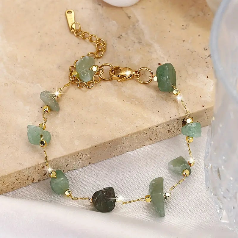 1pc Delicate Green Natural Chip Stone Beads Thin Chain Bohemian Style Handcrafted Chain Bracelet