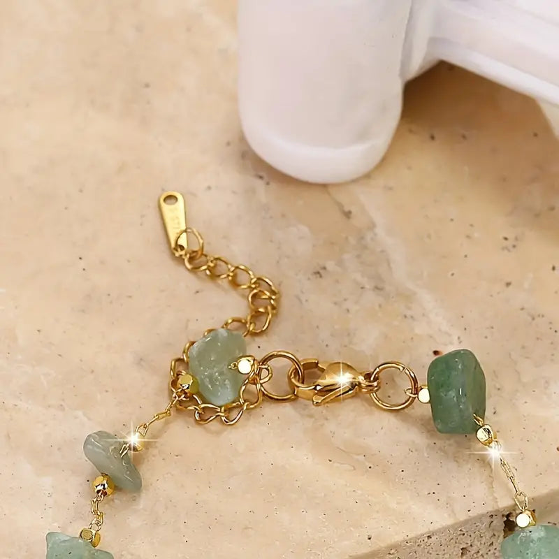 1pc Delicate Green Natural Chip Stone Beads Thin Chain Bohemian Style Handcrafted Chain Bracelet