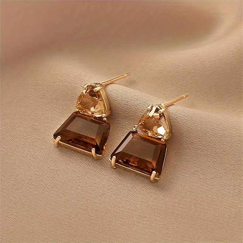 2pcs Fashion Elegant Brown Artificial Gemstone Decor Dangle Earrings