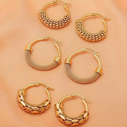 3 Pairs of Chic Stainless Steel Textured Grain Hoop Earrings