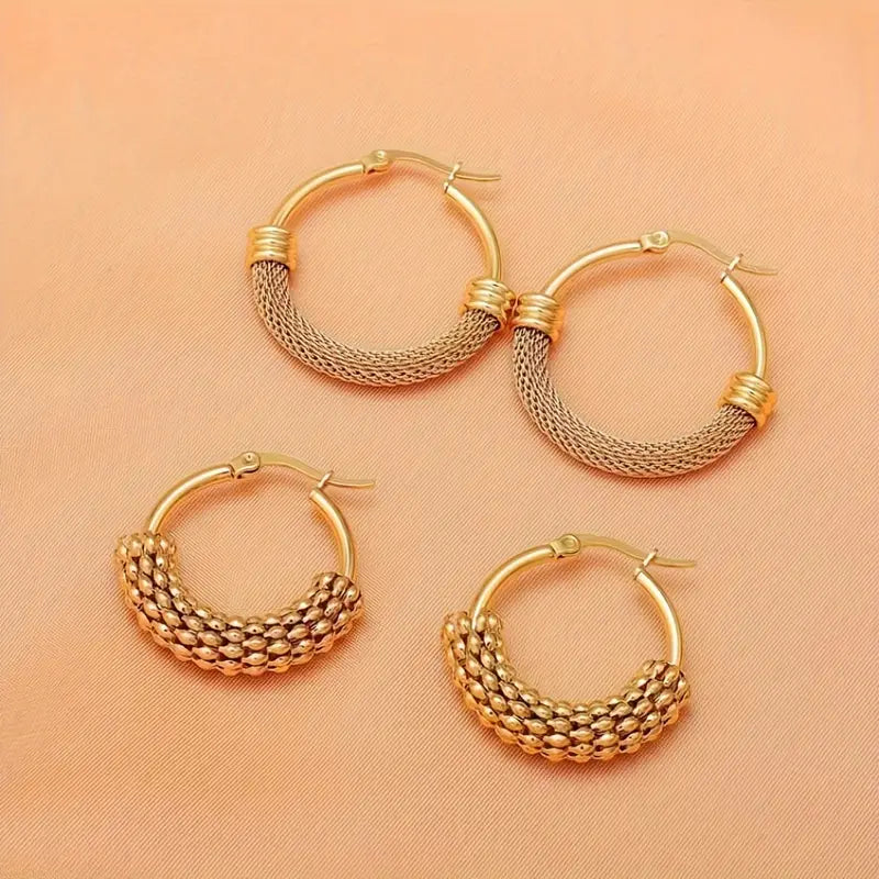 3 Pairs of Chic Stainless Steel Textured Grain Hoop Earrings