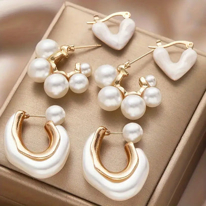 6pcs set/3 pairs of French design love heart faux pearl C-shaped earrings