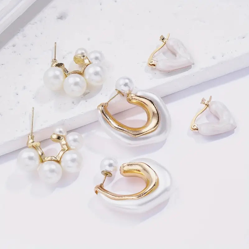 6pcs set/3 pairs of French design love heart faux pearl C-shaped earrings