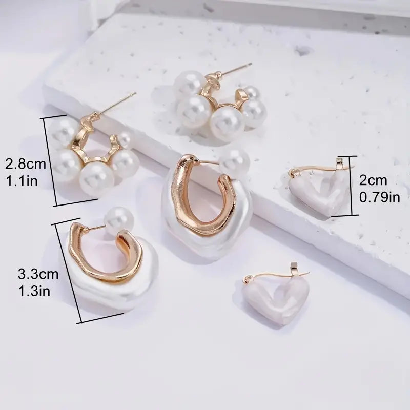 6pcs set/3 pairs of French design love heart faux pearl C-shaped earrings