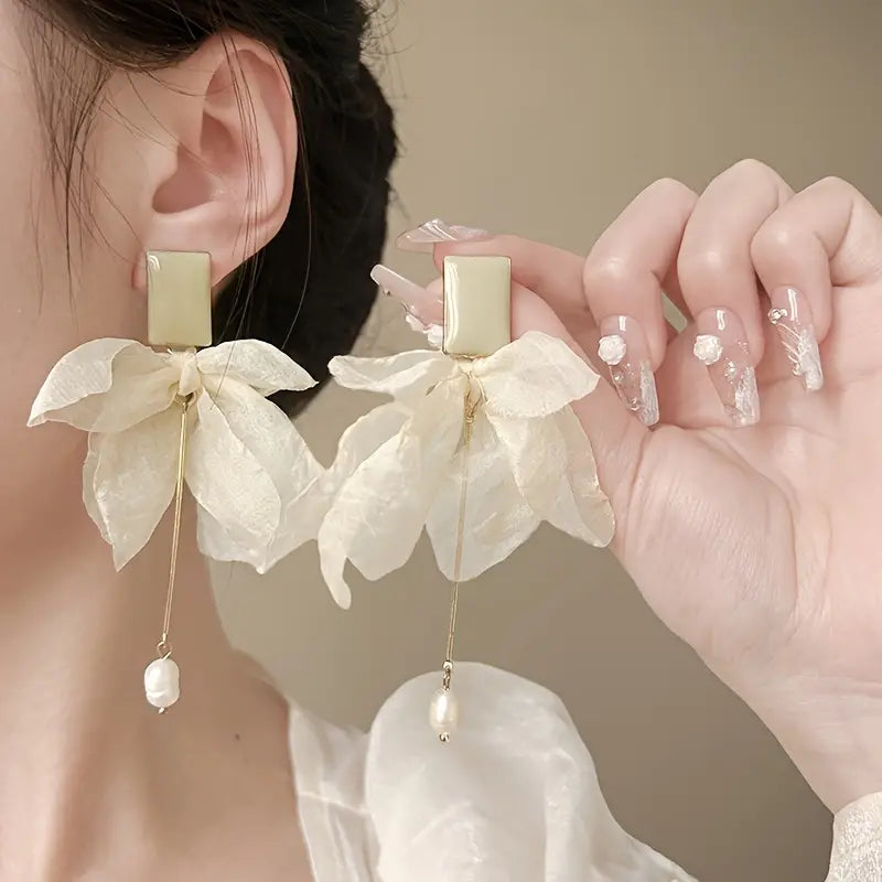 Elegant Luxurious Polyester Bowknot Drop Earrings with Imitation Pearl Dangle