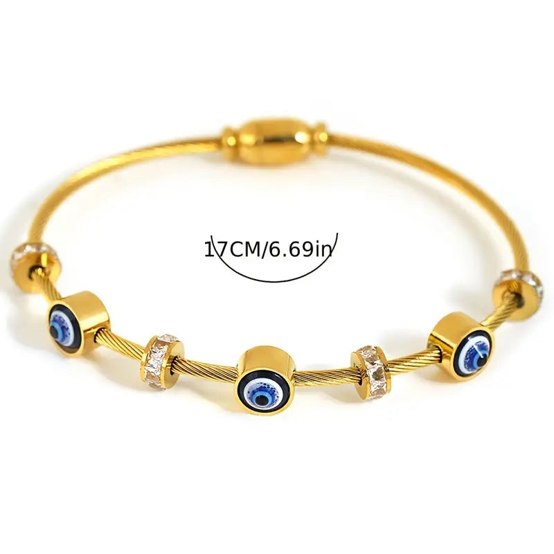 Lucky Blue Evil Eye Charm Stainless Steel Golden Thin Cuff Bangle