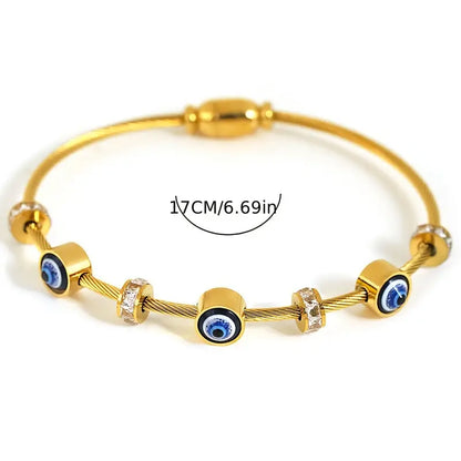 Lucky Blue Evil Eye Charm Stainless Steel Golden Thin Cuff Bangle