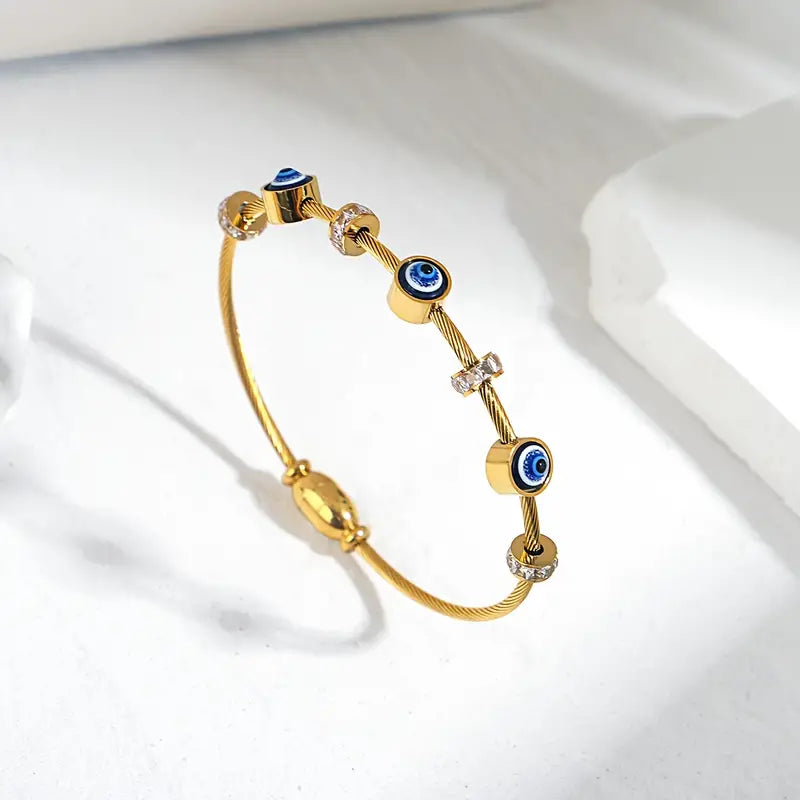 Lucky Blue Evil Eye Charm Stainless Steel Golden Thin Cuff Bangle