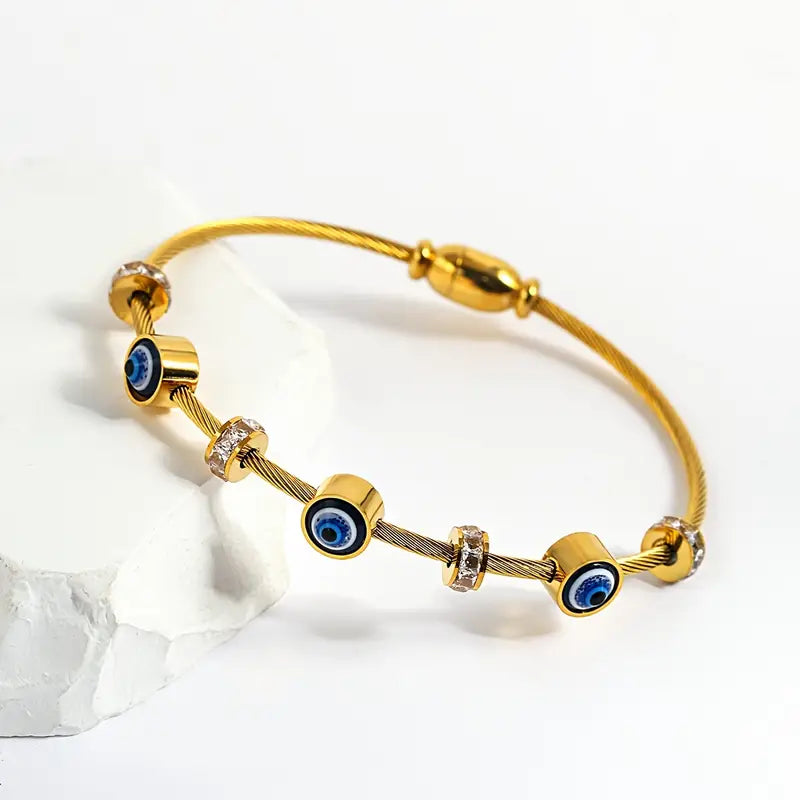 Lucky Blue Evil Eye Charm Stainless Steel Golden Thin Cuff Bangle