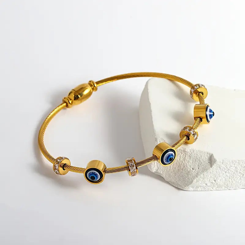 Lucky Blue Evil Eye Charm Stainless Steel Golden Thin Cuff Bangle