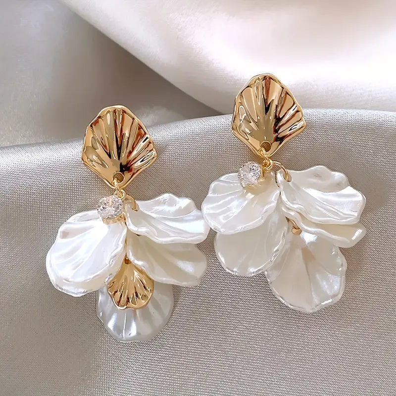 White Flower Petals Dangle Earrings