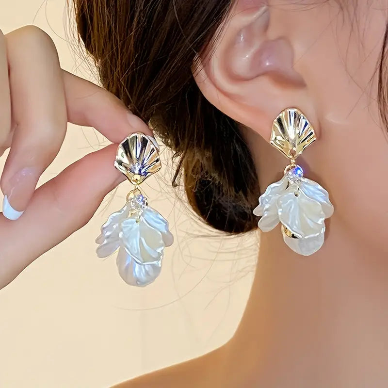 White Flower Petals Dangle Earrings