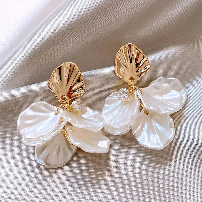 White Flower Petals Dangle Earrings