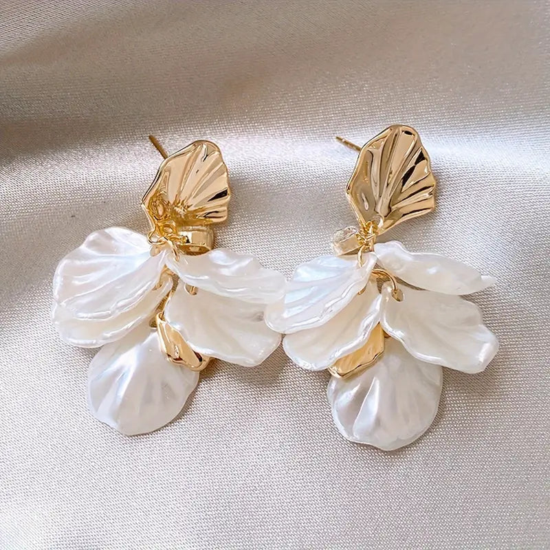 White Flower Petals Dangle Earrings